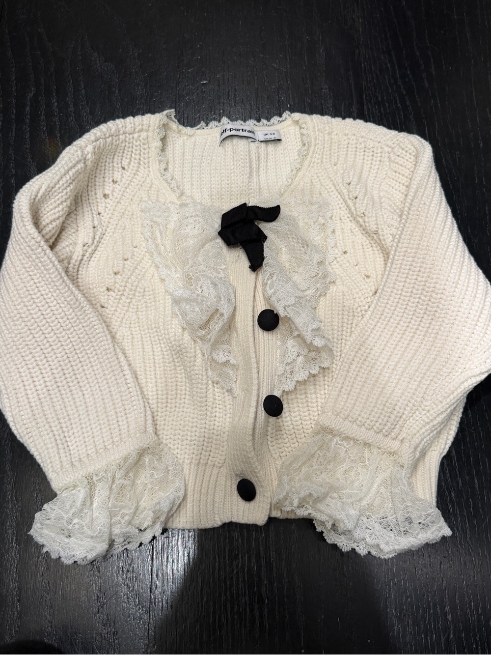 Self-Portrait Kids Cream Lace-Trim Knit Cardigan with Black Bow Accents